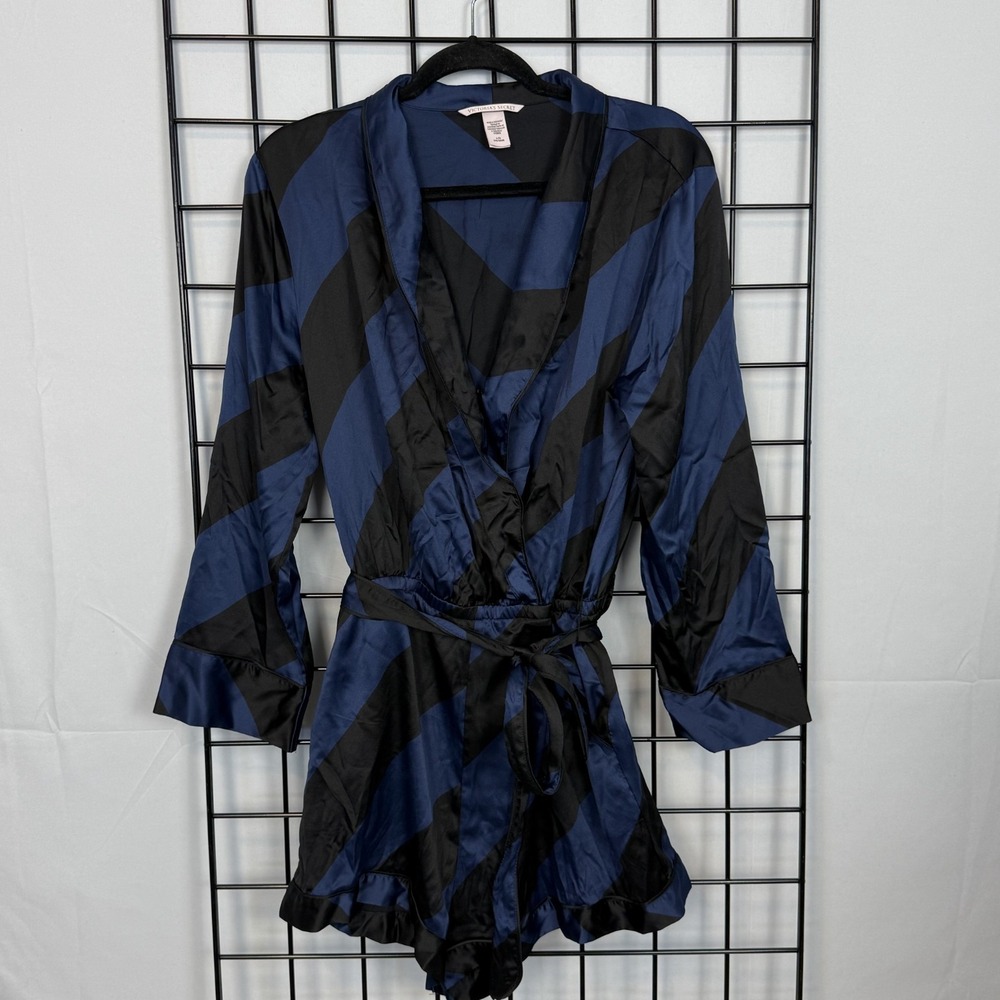 Victoria's Secret Satin Romper Womens Large Blue Faux Wrap Sleepwear Pajama Belt